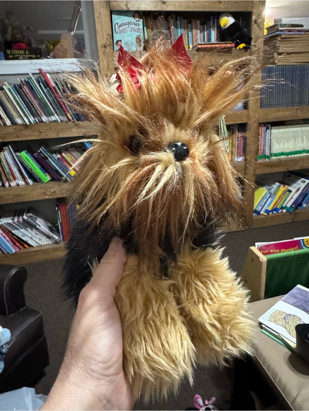 Bearington Plush Yorkie Dog Stuffy “Chewie”- Soft Brown & Black Fur with Red Bow